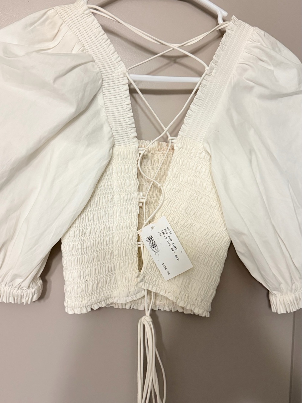 INTERMIX White Smocked Square Neck Puff Sleeve Crop Top